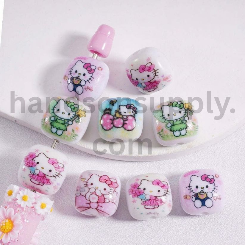 Cute Cat Character Face Series Cube Flat Acrylic Beads 15mm Random Mix