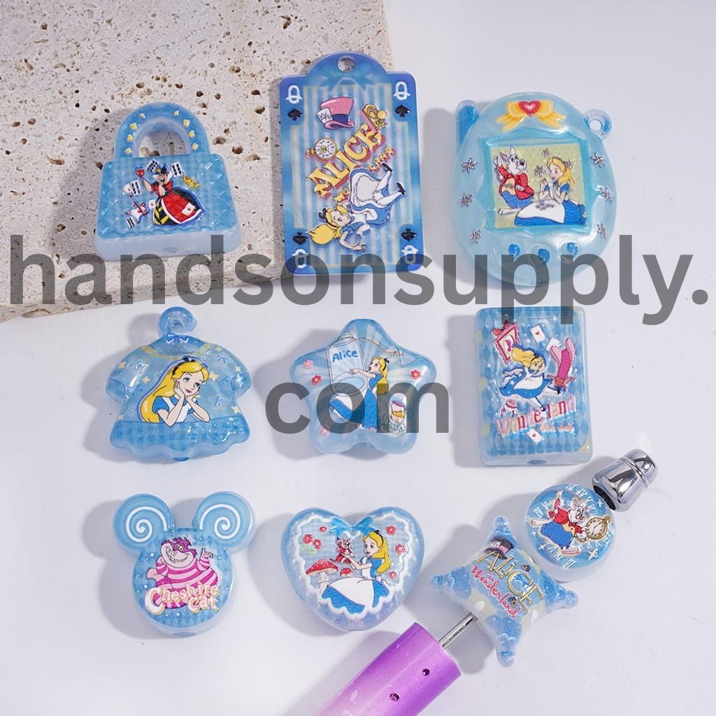 Whimsical Wonderland Girl and Rabbit Hole Fantasy Prints, Blue Series, Acrylic Beads Pendants Random Mix