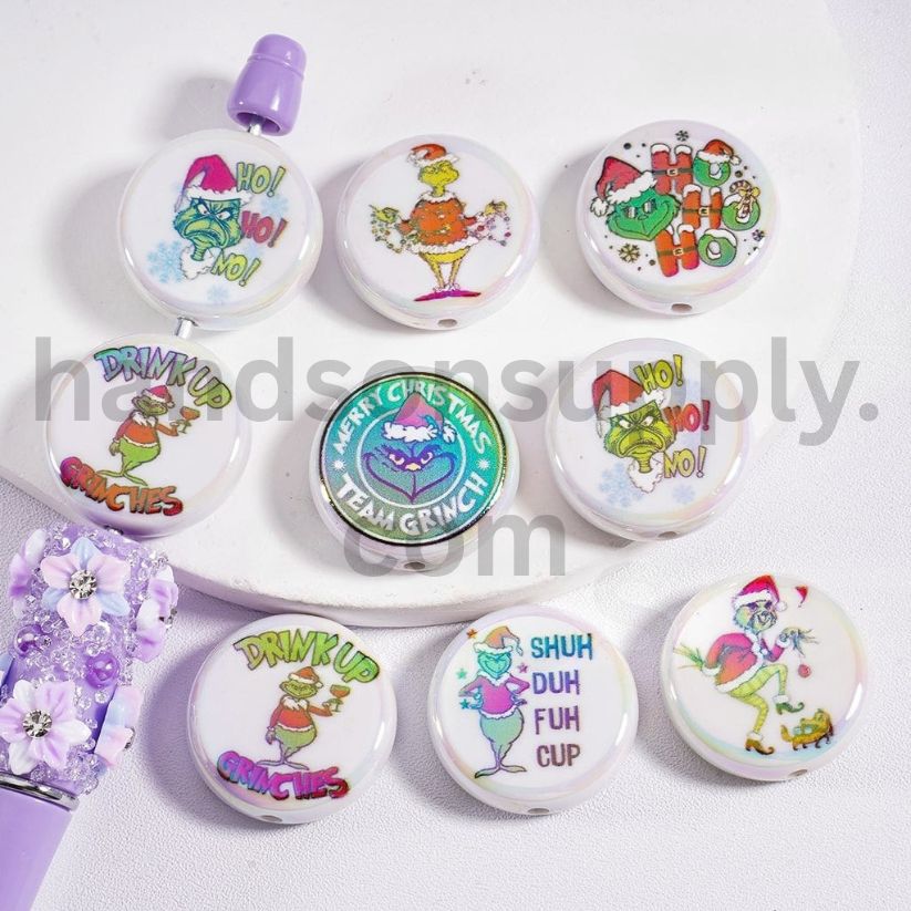 UV Coating Cute Christmas Green Monster in Santa Outfit with Red Hat Grinch Character, White Acrylic Beads 23MM, Random Mix