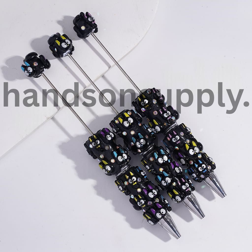 3D Cute Black Kitty Design with AB Rhinestones Beadable Clay Pens