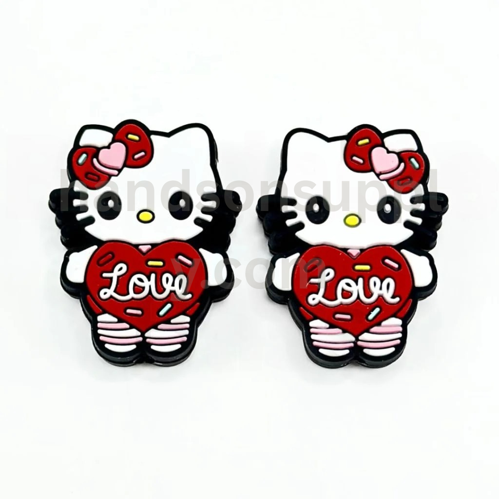 HK Kitten Sanri Holds a Big Red Heart Love Valentines Vivid Cute Silicone Focal Beads