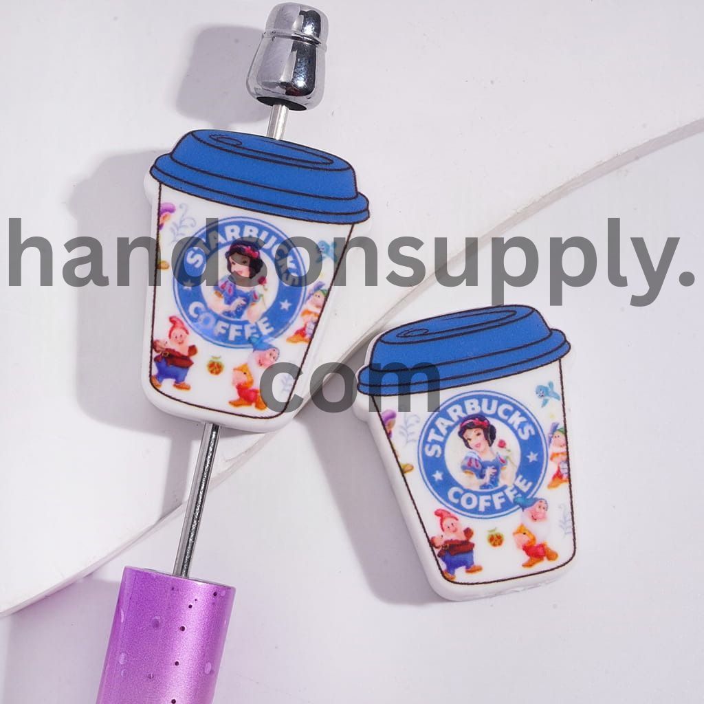 White Snow Princess Character Patterns on Coffee Cup Silicone Focal Beads