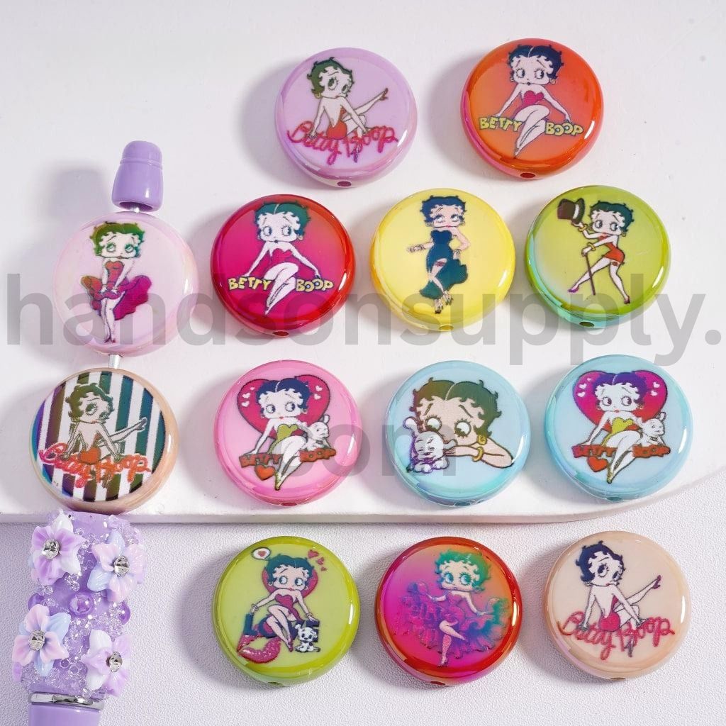 UV Coated Old Girl Character Themed Multi-Color Flat Round Acrylic Beads 23mm, Random Mix