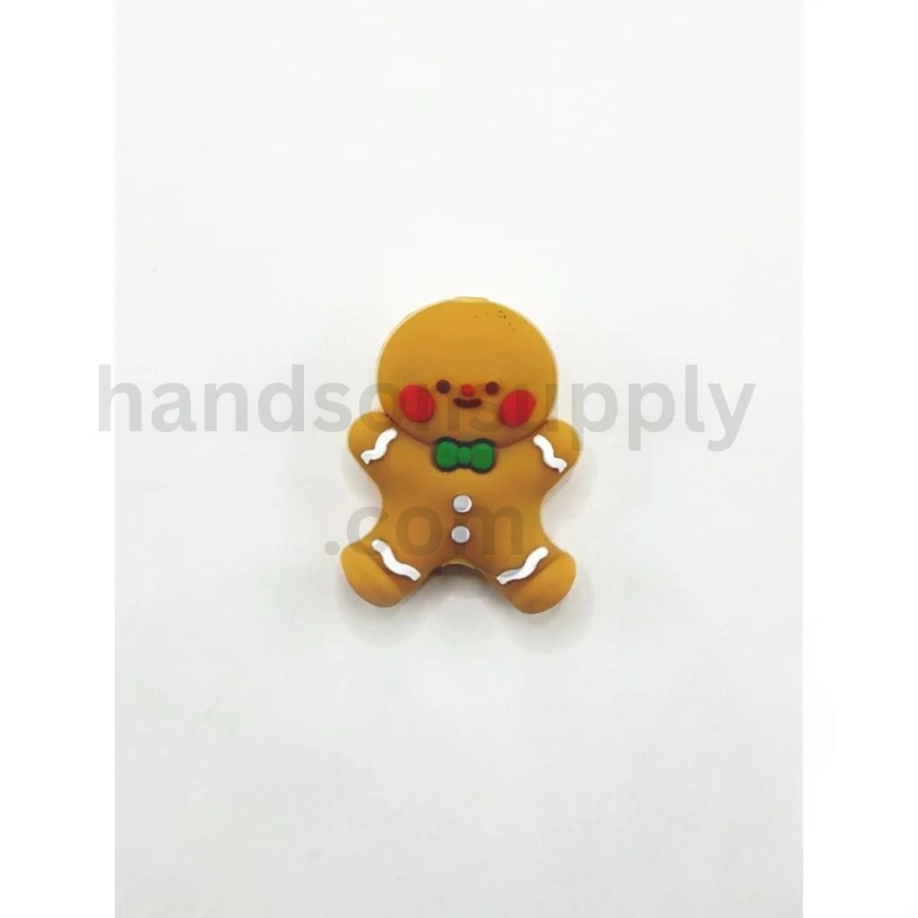 3D Holiday Happy Gingerbread Man with Green Bowtie Charm Silicone Focal Beads