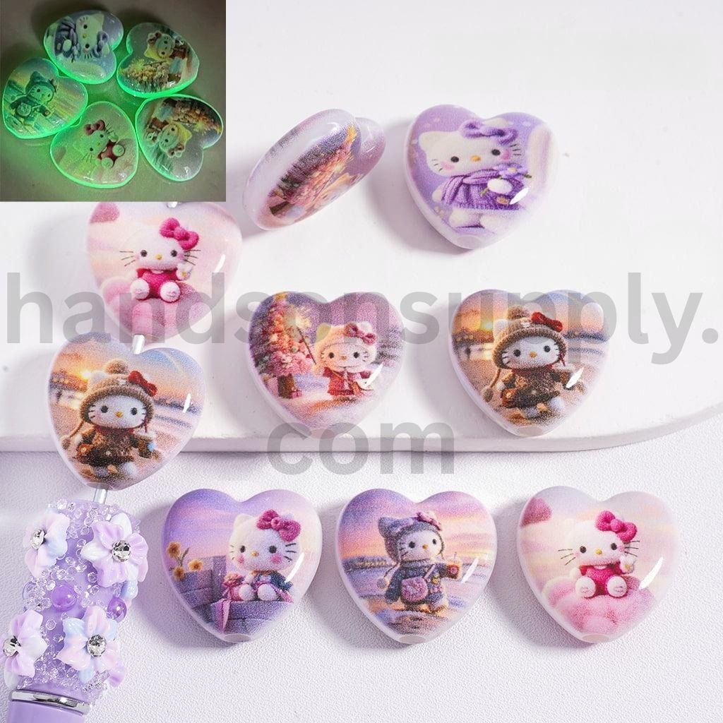 Luminous Cute Cat Character with Mini Bow Shiny Heart Shaped Acrylic Beads 22mm Random Mix