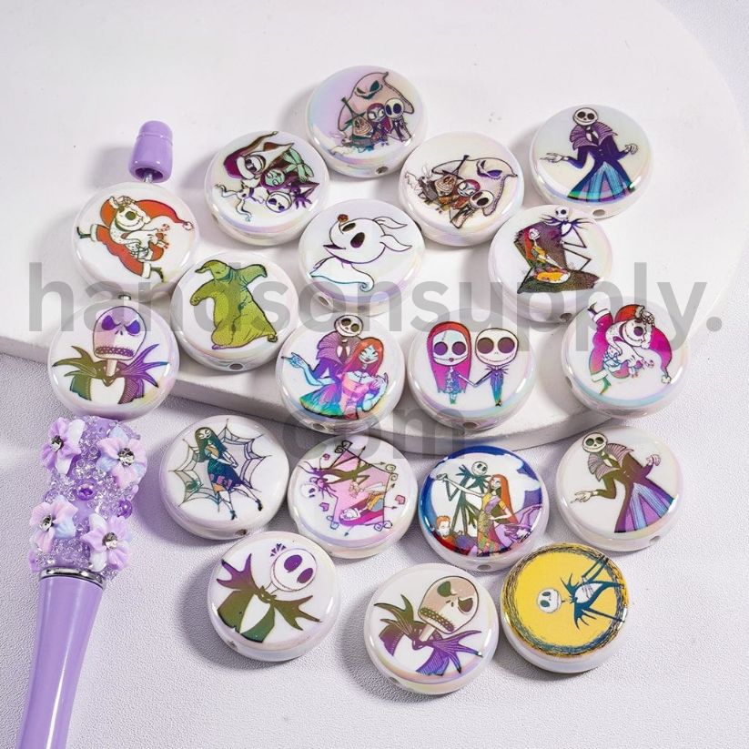 UV Coating Spooky Tale Skeleton Couple Rag Doll Haunted Love Story Cartoon Couple Multi Color Flat Round Acrylic Beads 23MM, Random Mix