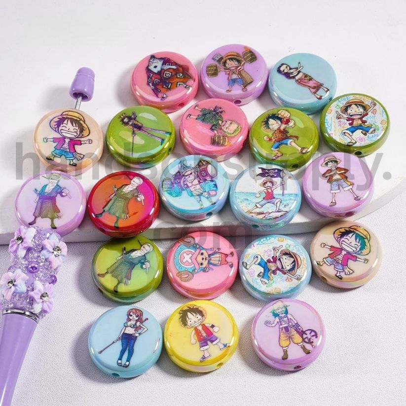 UV Coating Cute One Piec Japan Anime Captain Multi Color Shine Sailor’s Tale Flat Round Acrylic Beads 23MM, Random Mix