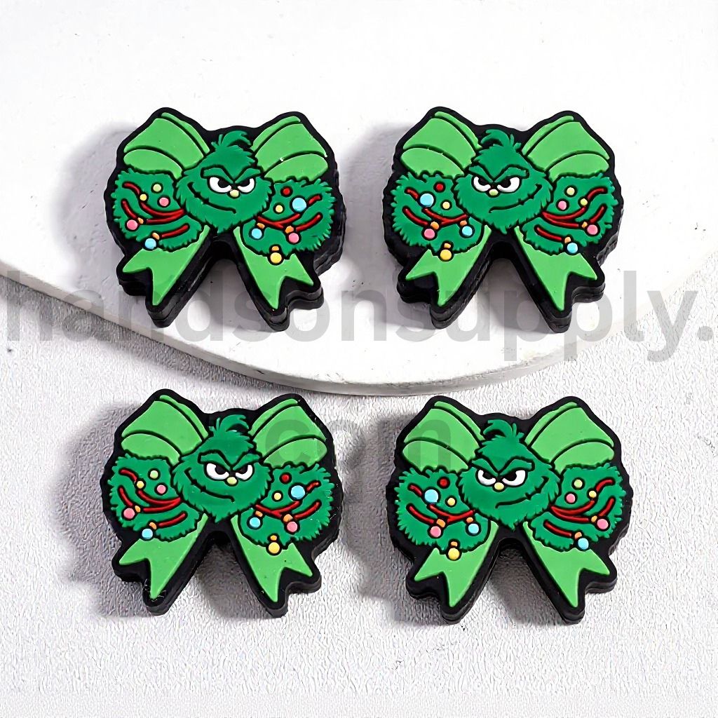 Luminous 3D Green Grinch with Bow & Sparkling Christmas Lights Silicone Focal Beads