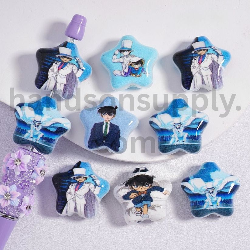 Five Pointed Star Shape Acrylic Beads with Detective Conan Japan Anime Character Prints 20MM, Random Mix