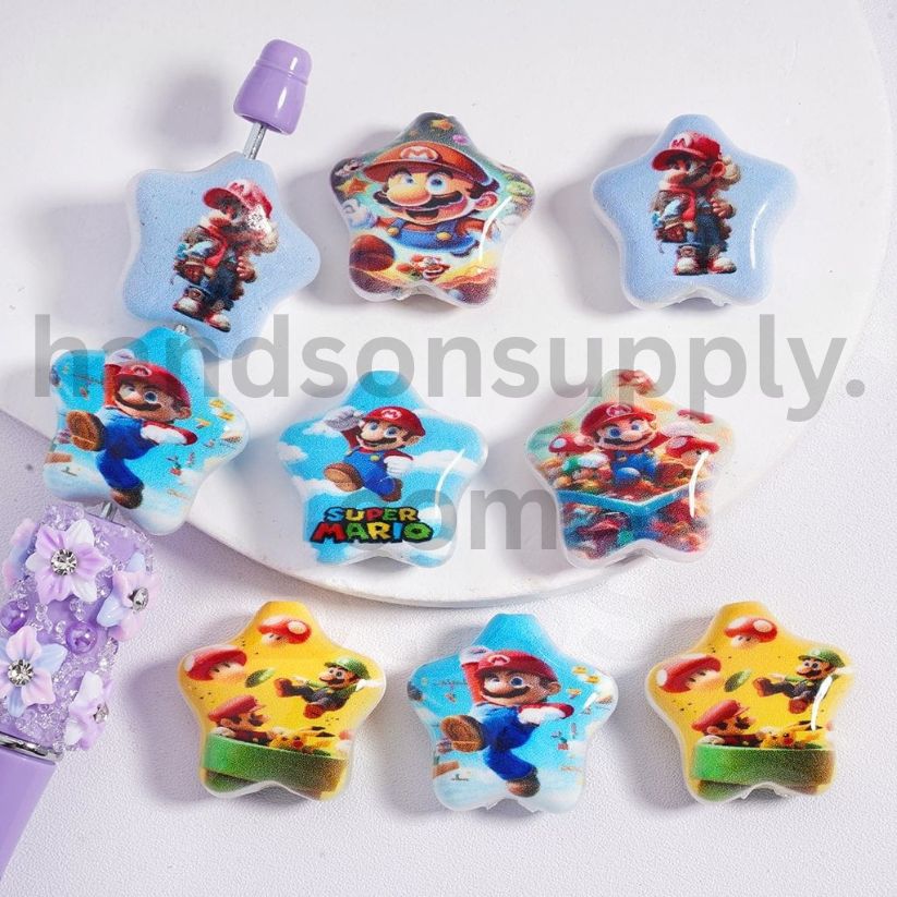 Five Pointed Star Shape Cute Super Mari Cartoon Characters Acrylic Beads 20MM, Random Mix