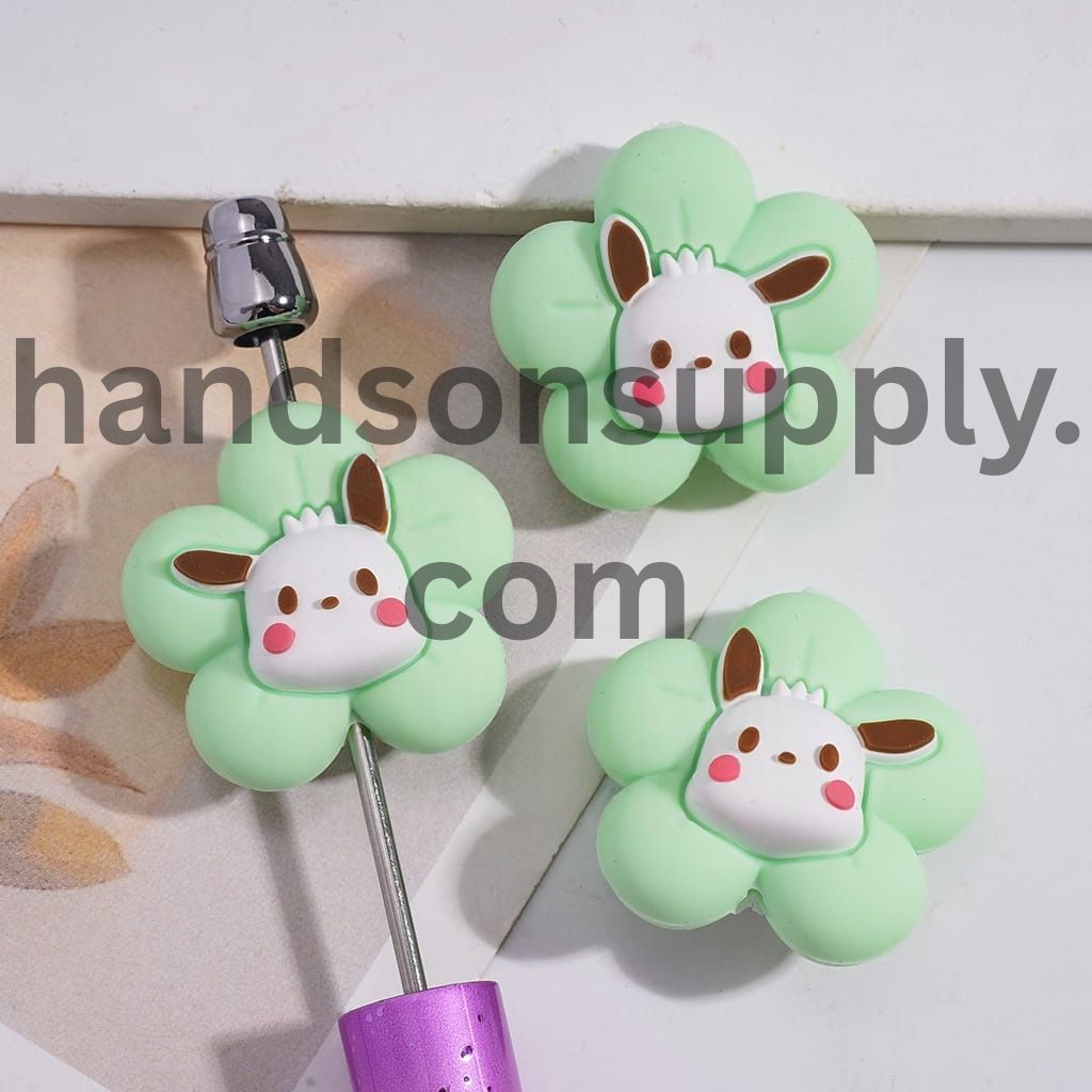 3D Cute Animal Floral Mint Green Flower with Black-Eared Dog Design Silicone Focal Bead
