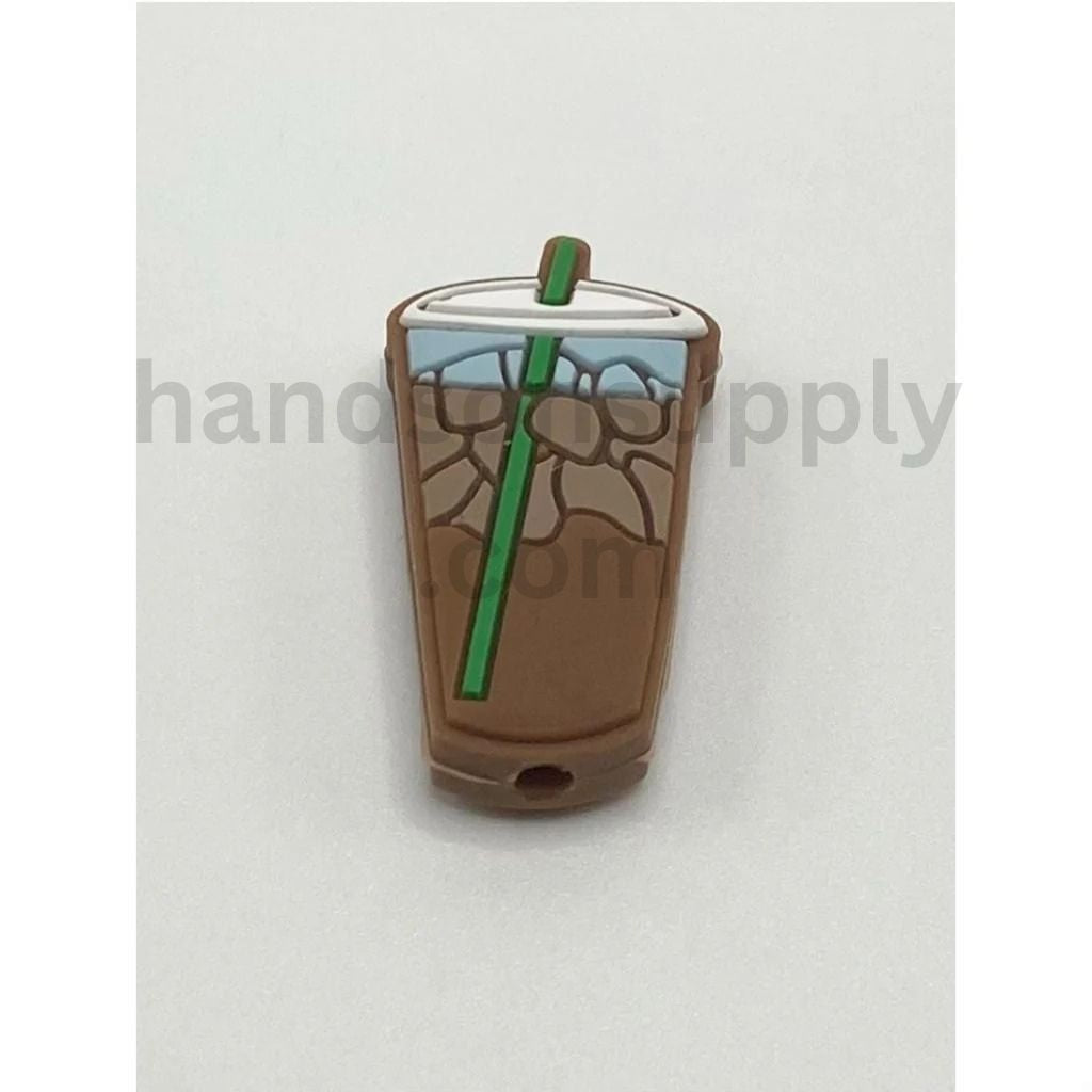 Iced Coffee Cup Design with Green Straw & Ice Cubes Silicone Focal Beads