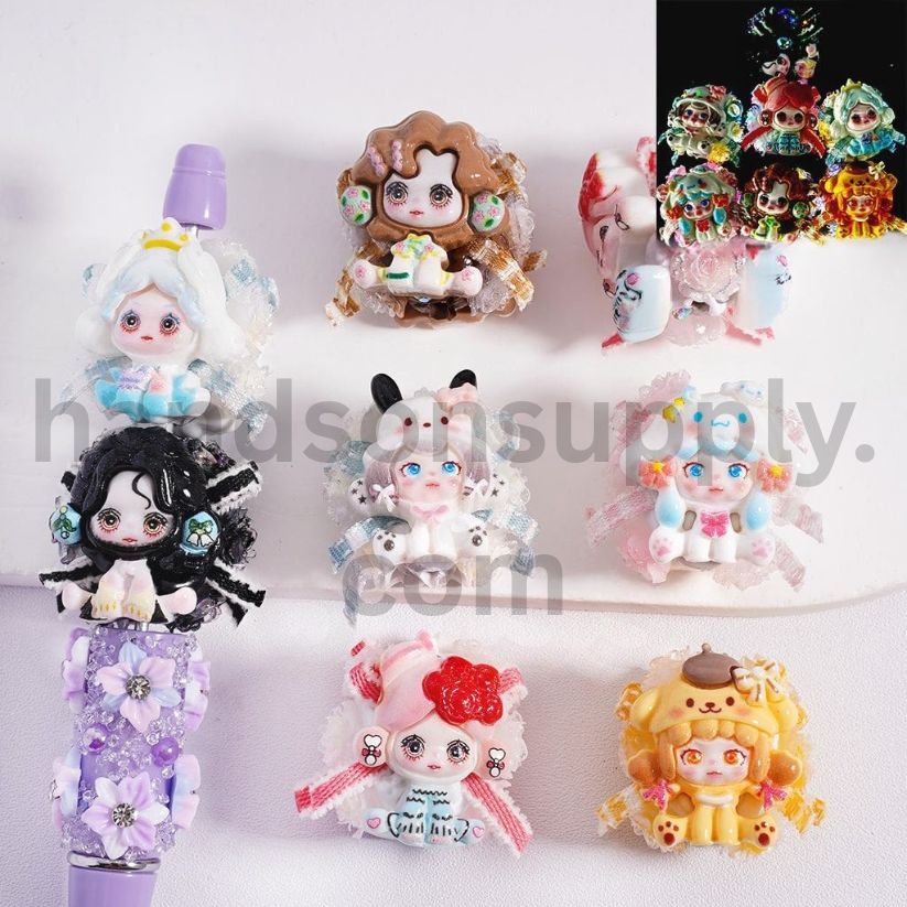 Cute Monster Doll Figure with Adorable Character Hat, Glitter Rose & AB Rhinestones, Clay Beads 21*26mm, Random Mix