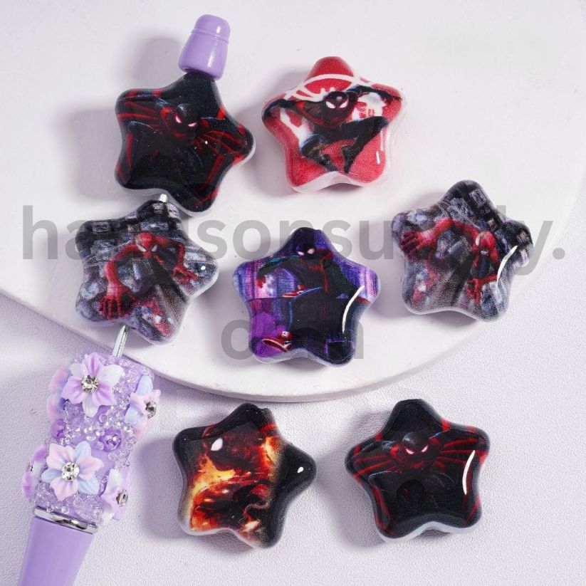 Five Pointed Star Shape Spider Man Marvel Superhero Character Acrylic Beads 20MM, Random Mix