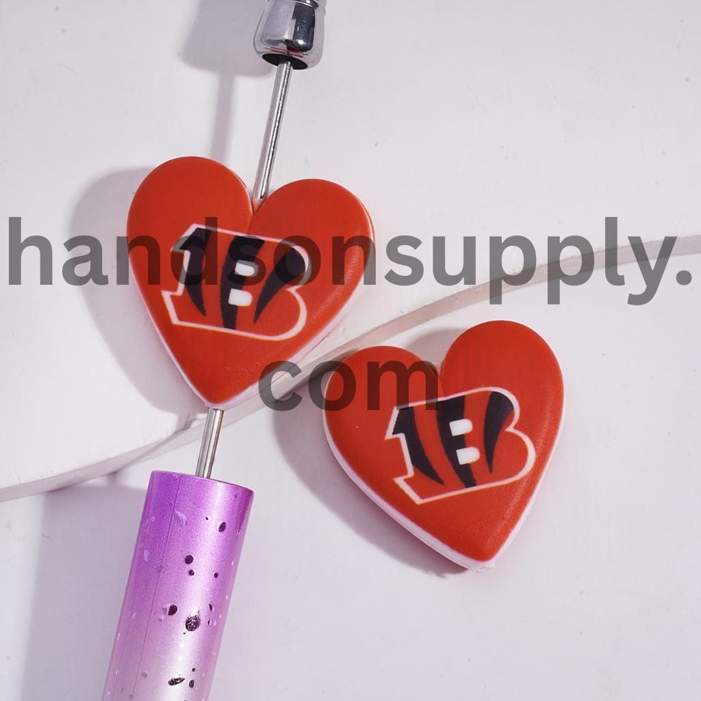American Football Cincinnati Pattern Sport Theme Flat Heart Shape Silicone Focal Bead