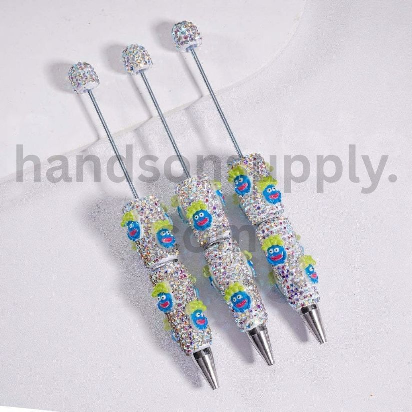 Beadable Clay Pen with AB Rhinestones Luminous Little Blue Man with Sausage Shaped Lips