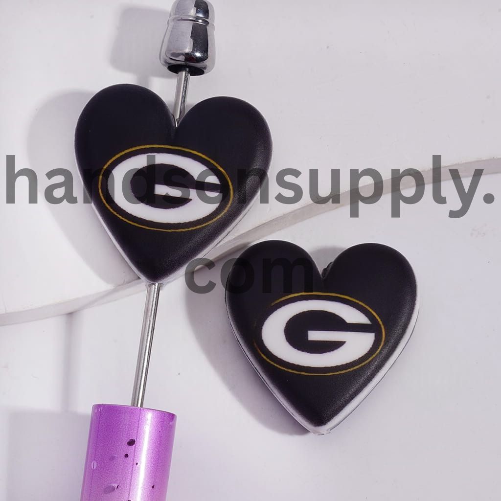American Football Green Bay Pattern Sport Theme Flat Heart Shape Silicone Focal Bead