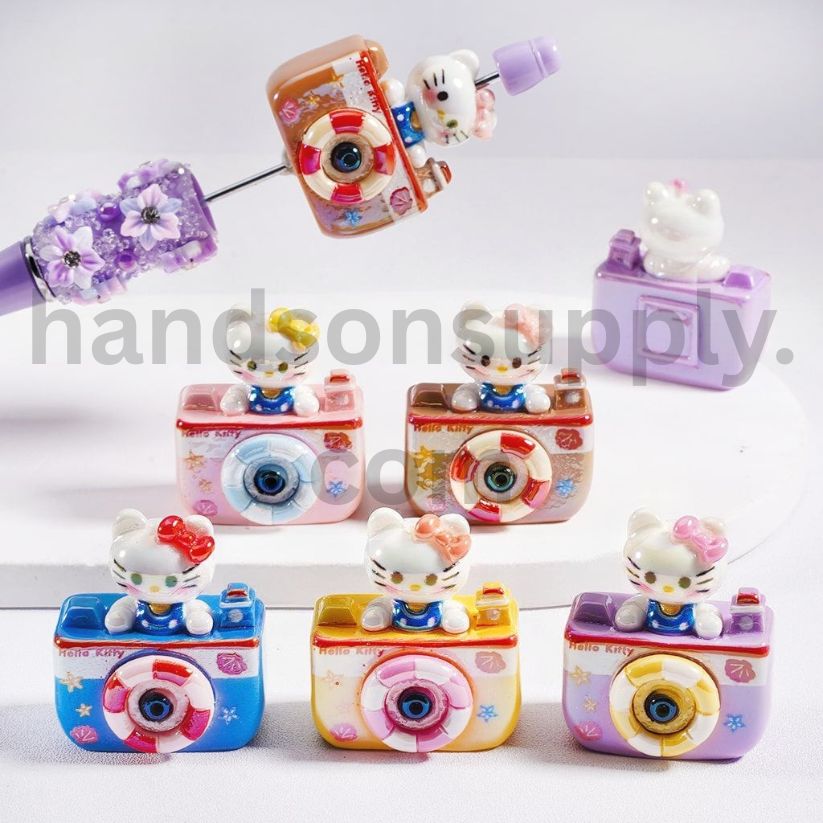 UV Coated Hello Kitty Cute Cat Camera Design, Acrylic Beads 34mm, Random Mix