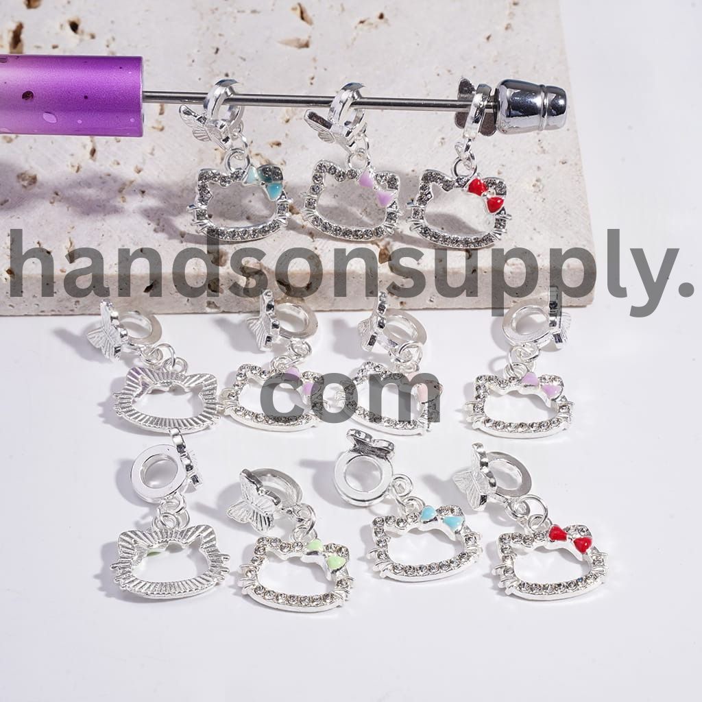 Cute Cat Character Head Frame, Butterfly Charm & Clear Rhinestones Bowtie Silver Alloy Bail Beads Random Mix