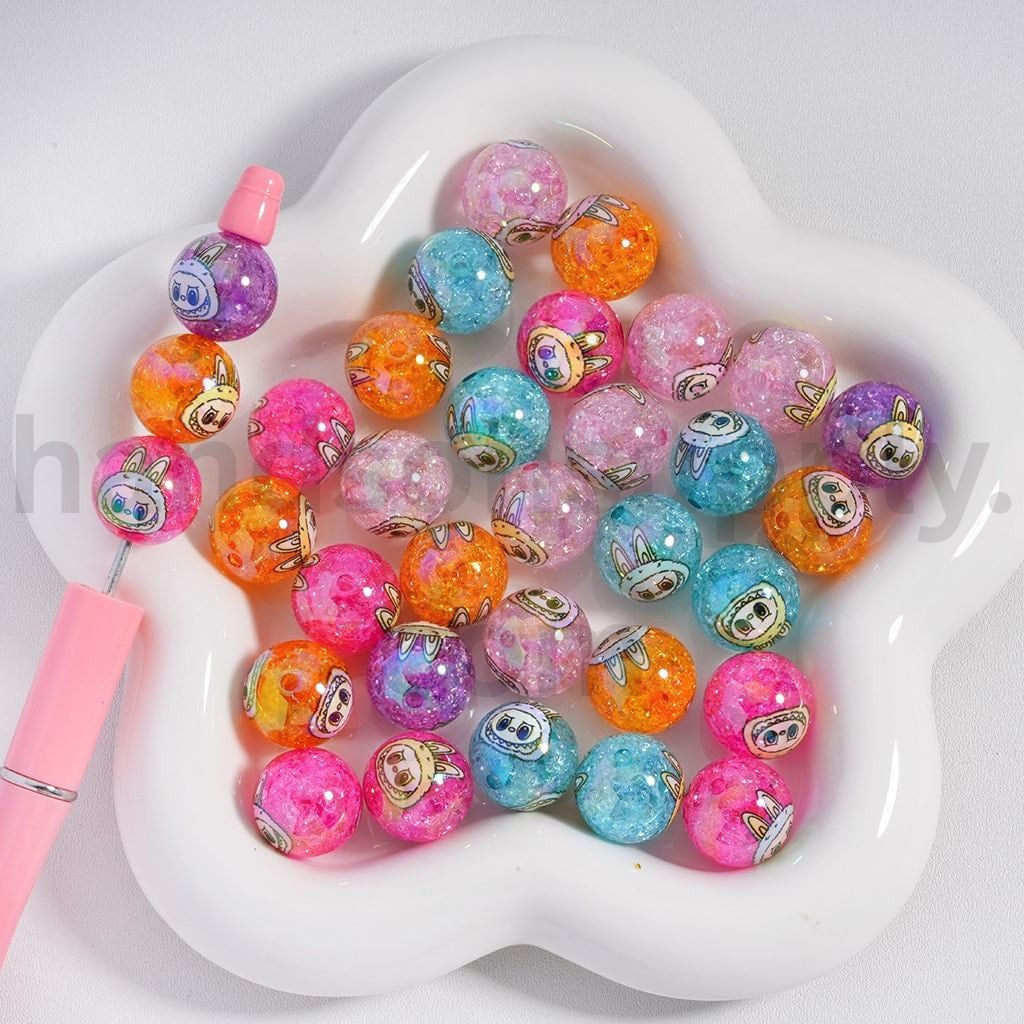 UV Coating Dark Color Assortment Crackle Finish Monster Doll Print Acrylic Beads 16MM