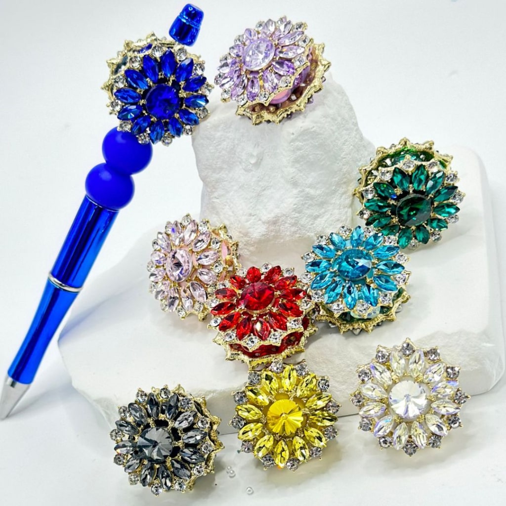 Bling Bling Exquisite Gold Alloy Sunflower with Shiny Multi-Color Rhinestones, Oval Pearls, and Clay Beads, Around 32MM