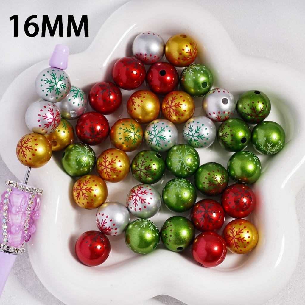 Christmas Theme Snowflake & Tree Print Colorful Rount Acrylic Beads 16MM Random Mix