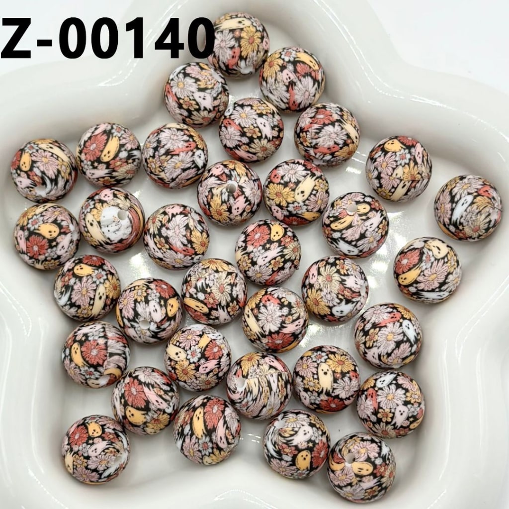Little Cute Colorful Flowers Ghost Black Round Printed Silicone Beads 15mm, Number Z-00140