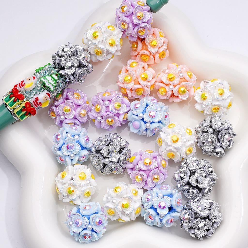 Shiny Clay Beads Three-Petal Flower with Colorful Stamen and White Pearls 20MM