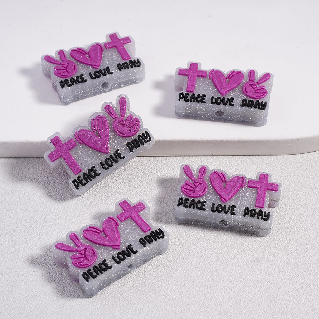 Silver Dots with Purple Cross Heart Hat Peace Love Pray Focal Silicone Bead