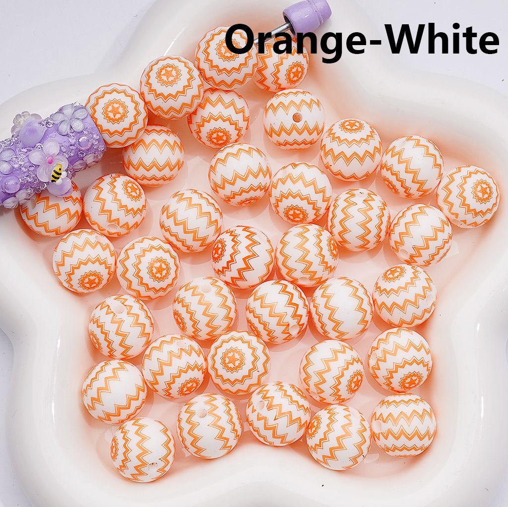 Zigzag Stripe Round White Printed Design Multi-Color Style Silicone Beads Z-00280 15MM