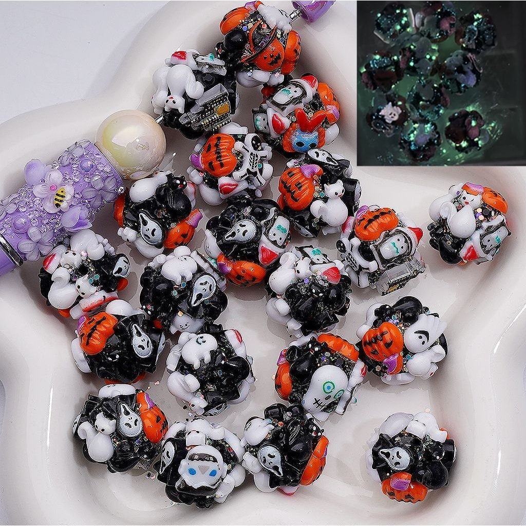 Phantom Pumpkin Halloween Topic Penguin Cat Luminous Round Clay Beads, 20MM