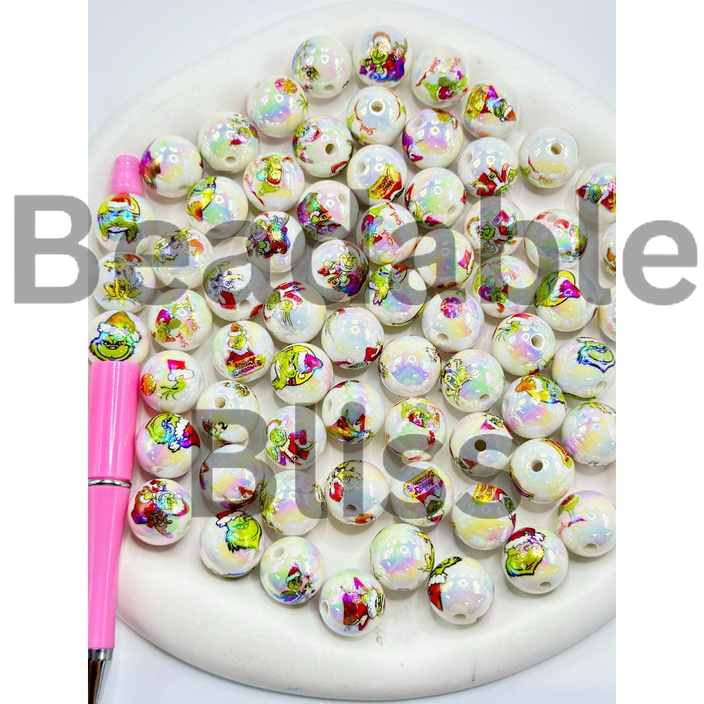 UV Coating Green Character Stolen Christmas Santa Round Acrylic Beads 16mm