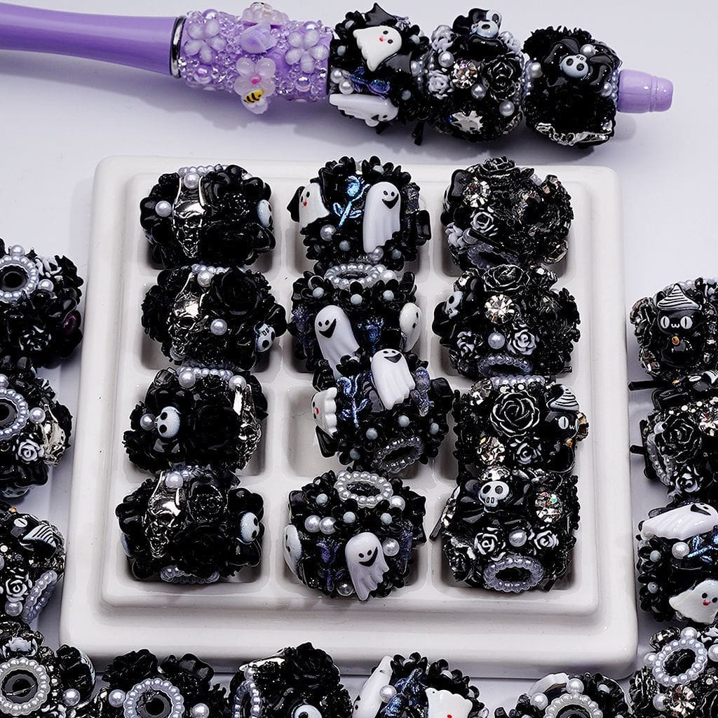 Black Flowers White Ghost Pearls Halloween Acrylic Beads 19*23MM Random Mix