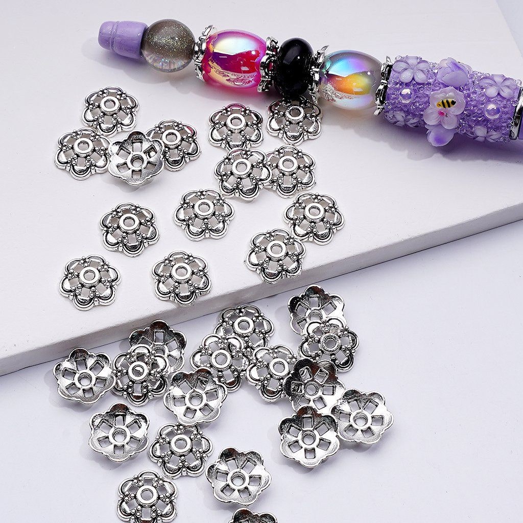 Six-Petal Flower Bead Cage Cap Silver Alloy 14MM