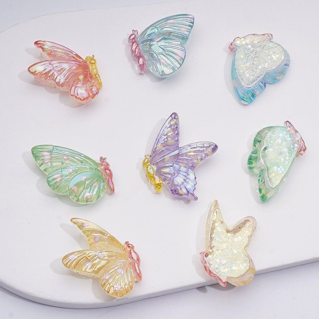 UV Coating Colorful Flakes Inside Cute Butterfly Acrylic Beads 31*26MM Random Mix