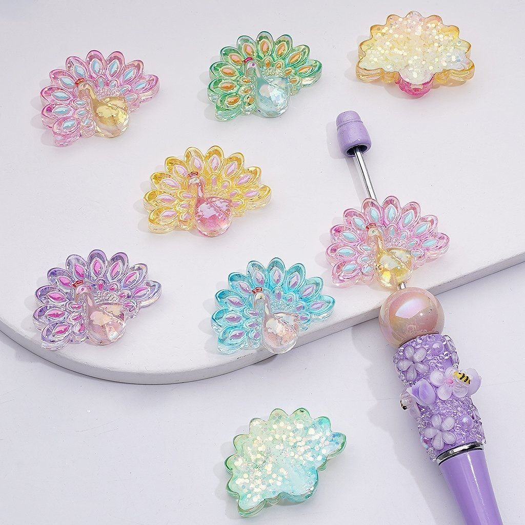 Cute Peacock UV Coating Acrylic Beads with Colorful Flakes Inside 31*23MM Random Mix