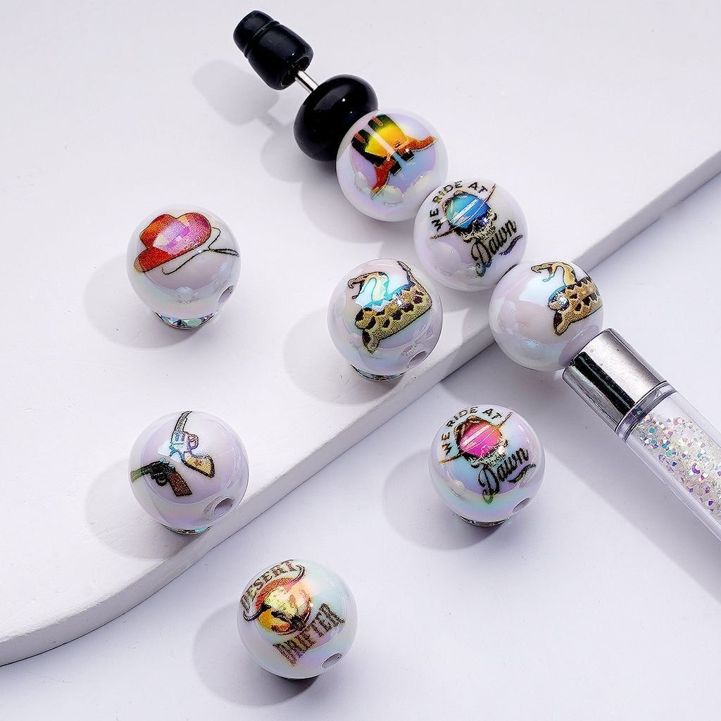 UV Coating Desert Drifter We Ride at Dawn Texas Football White Round Acrylic Beads, 16MM, Random Mix