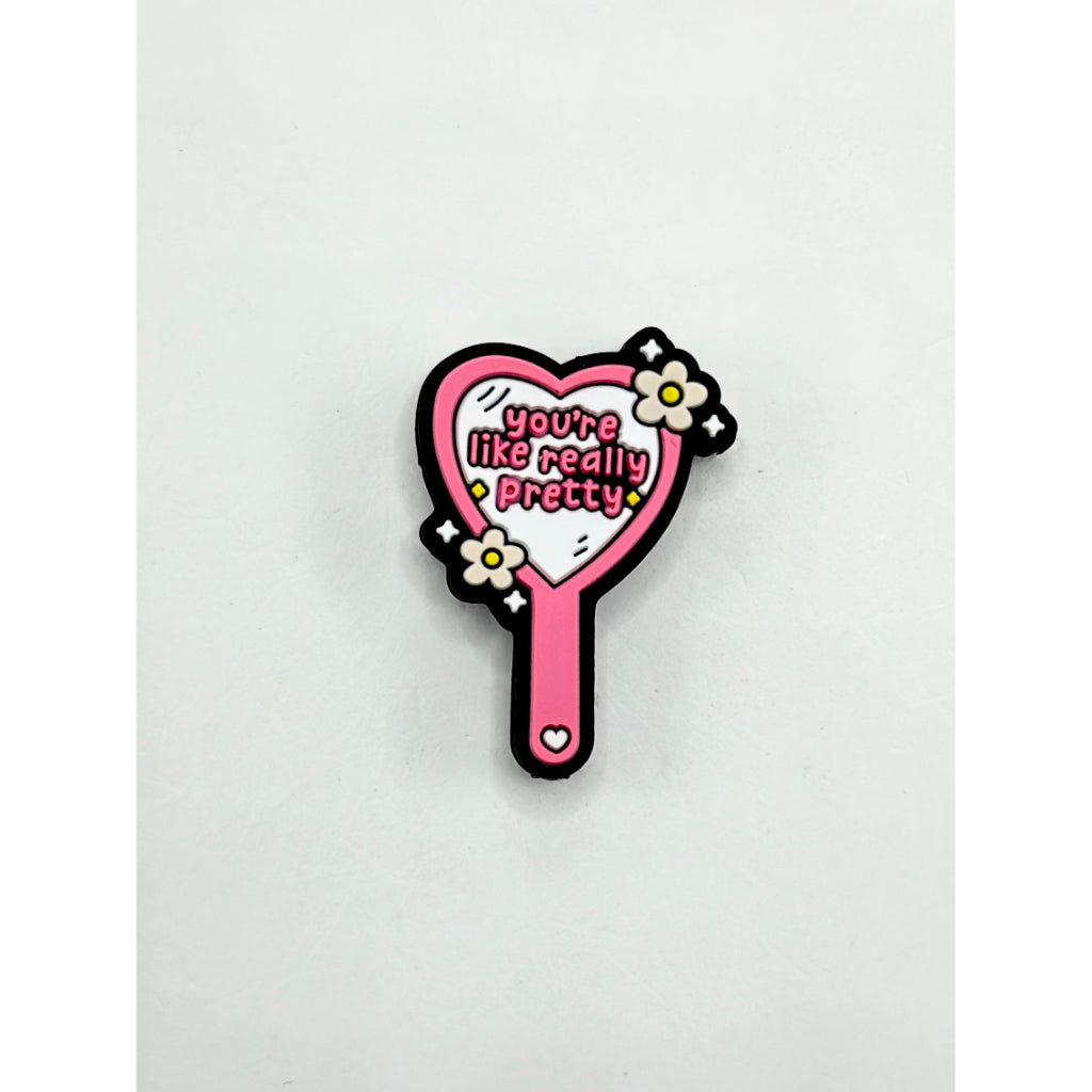 Pink Heart Mirror You're Like Really Pretty with Flowers Silicone Focal Beads