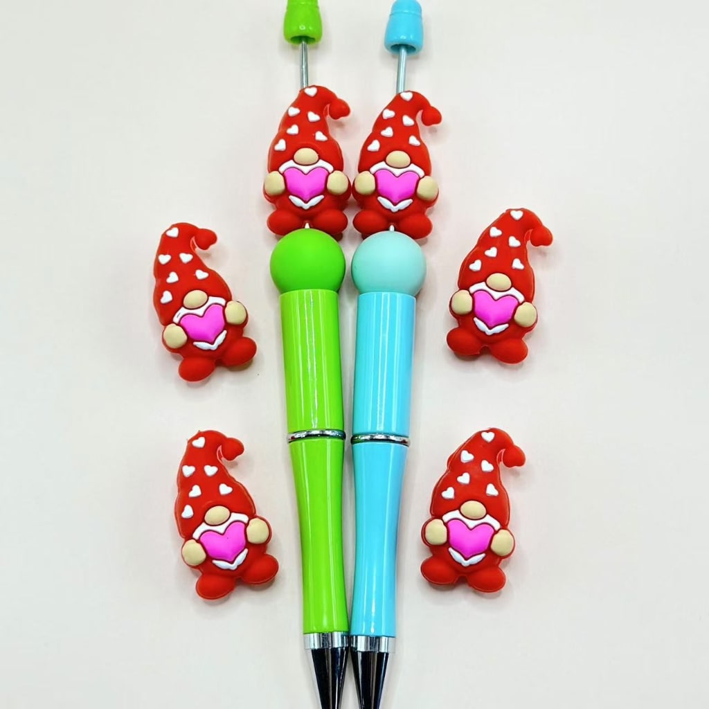 3D Little Red Gnome Cute Pink Dwarf Holds a Heart in a Christmas Hat Silicone Focal Beads