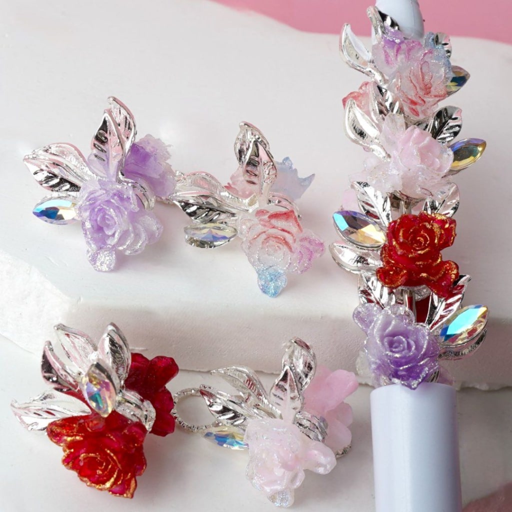 Luminous Colorful Flowers AB Rhinestones Beads with Shiny Silver Alloy Leaves, Around 20*20MM, Random Mix