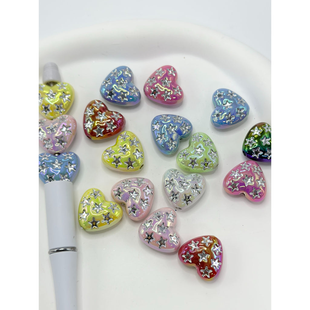 Small Silver Carved Stars with Heart Acrylic Beads, Random Mix, 20MM by 18MM
