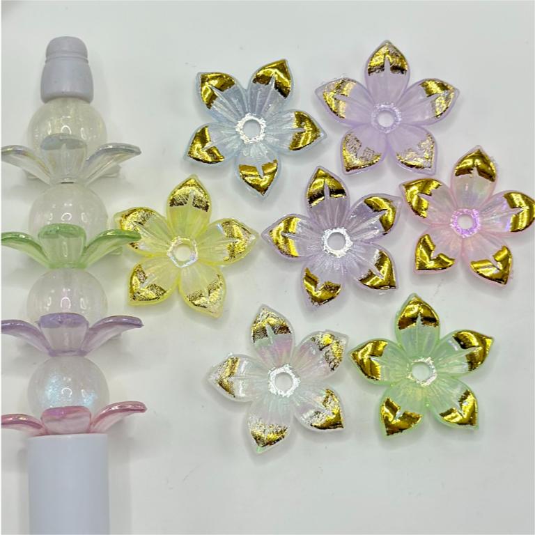 Various Colors Translucent Flowers with Gold Color Paint and Five Petals Acrylic Beads, Random Mix Color, 22MM, Please Read Description