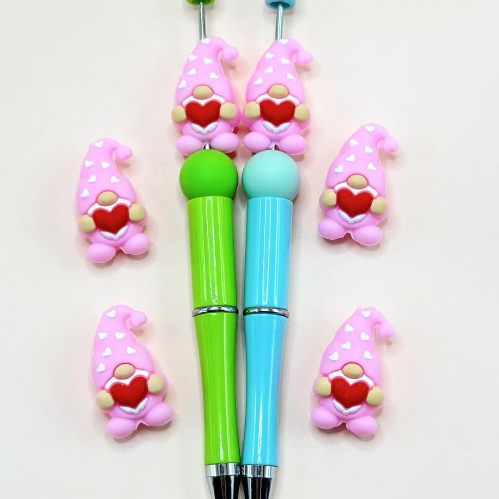 3D Little Red Gnome Cute Pink Dwarf Holds a Heart in a Christmas Hat Silicone Focal Beads