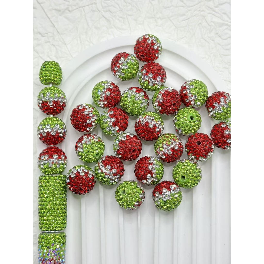Christmas Bling Bling Clay Beads with Green, Red, and White Rhinestones, 16MM