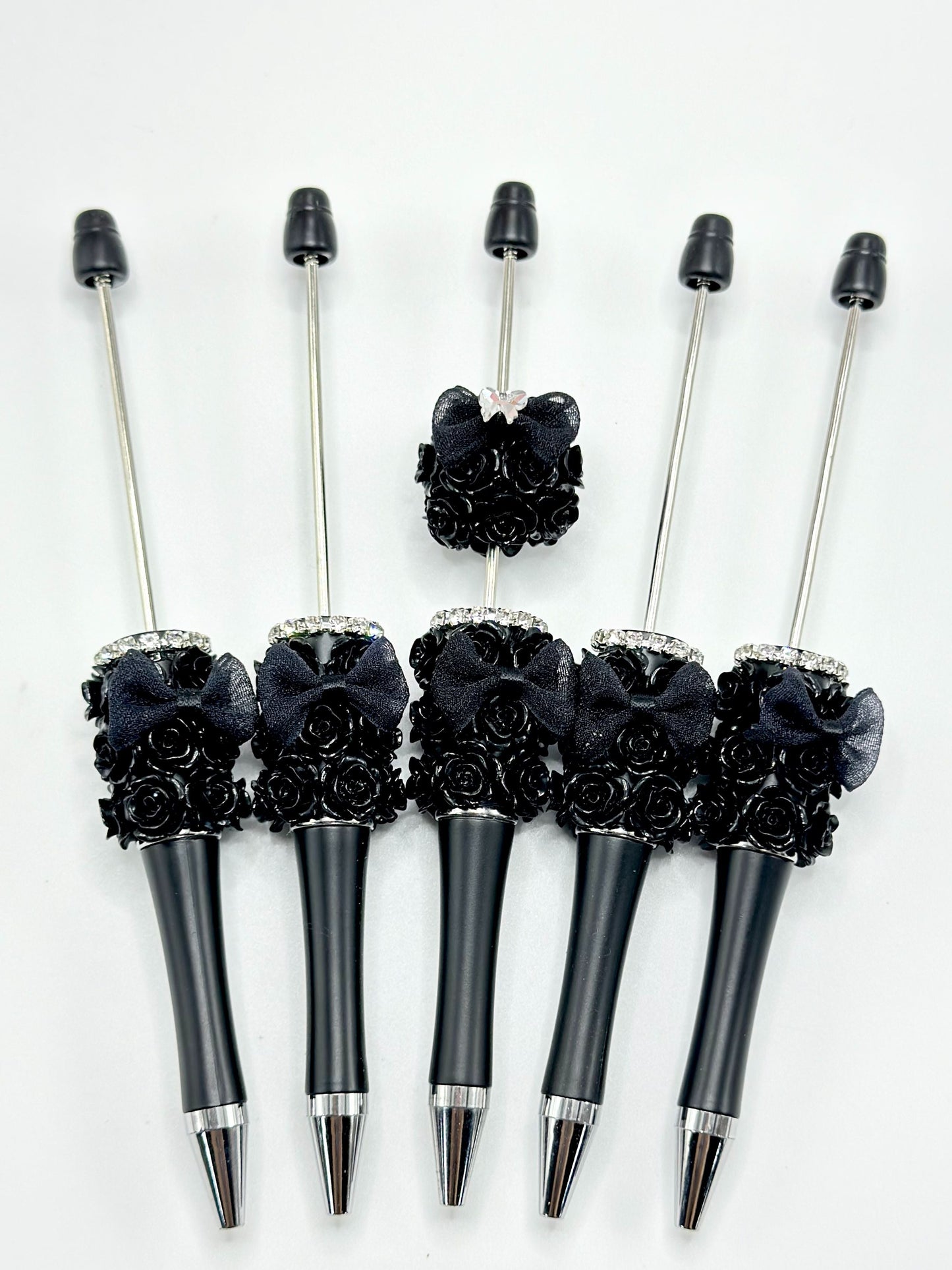 New Style Black Beadable Pens with Flower Bowtie and Rhinestones Black Beadable Pens