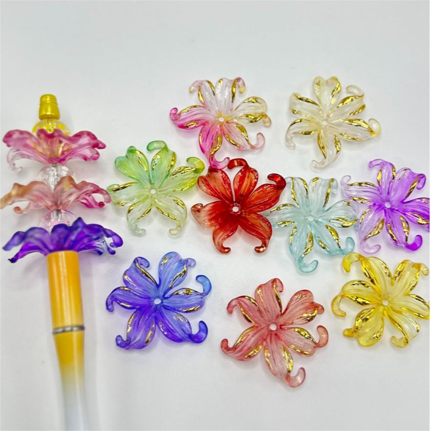 Translucent Large Flowers with Six Petals and Gold Stripe Paint, Various Colors Acrylic Beads, Random Mix Color, 40MM, Please Read Description