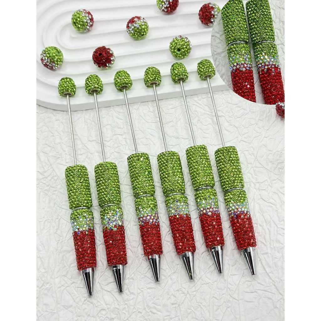 Beadable Pens Covered with Christmas AB Color Clay Rhinestones, Red and Green, Entire Pen