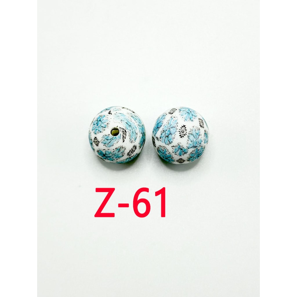 Flower Light Blue Pattern White Round Silicone Beads 15mm, Number Z-61