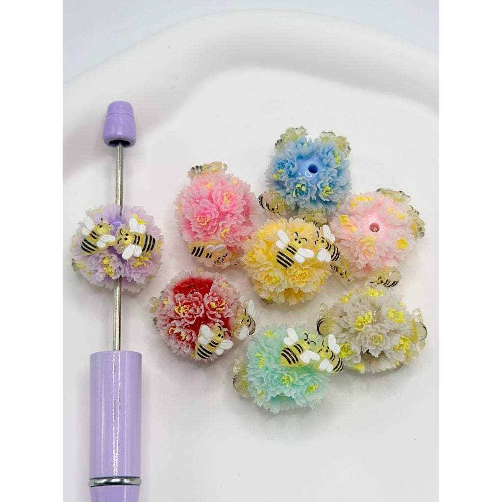 Small Colorful Flowers and Little Cute Bees, with Solid Color Acrylic Beads Random Mix, 22MM
