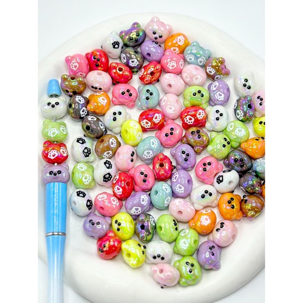 UV Coating Paw Prints with Little Cute Bear Head Acrylic Beads, Random Mix, 7*8MM